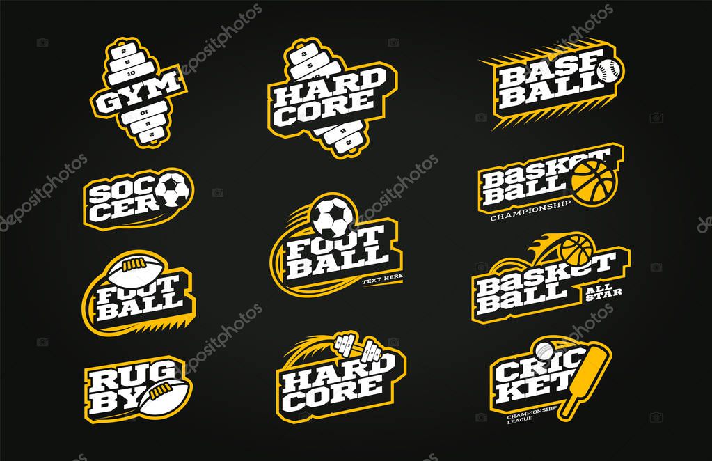 Retro style sport logo set. Modern professional Typography Soccer, Baseball, rugby, football, gym, basketball, cricket emblem logotype. Design emblem for clothes, card, badge banner, stickers, print