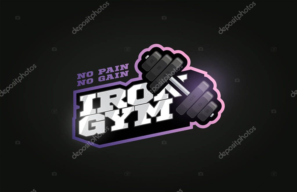 Iron Gym mascot Modern professional sport Typography in retro style. Vector design emblem, badge and sporty template logo design