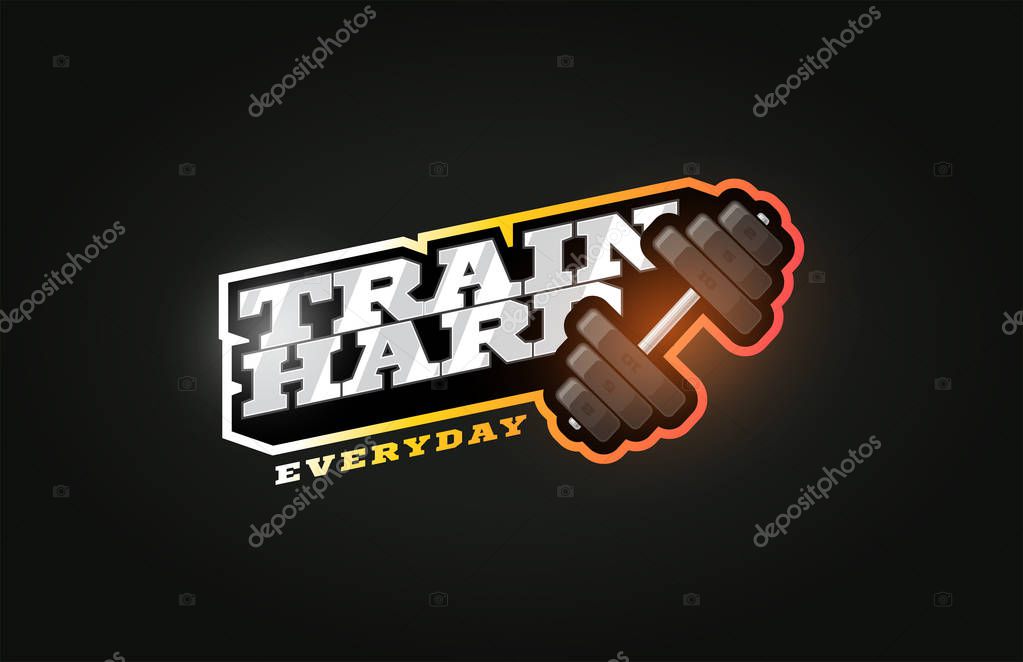 Train Hard mascot Modern professional sport Typography in retro style. Vector design emblem, badge and sporty template logo design