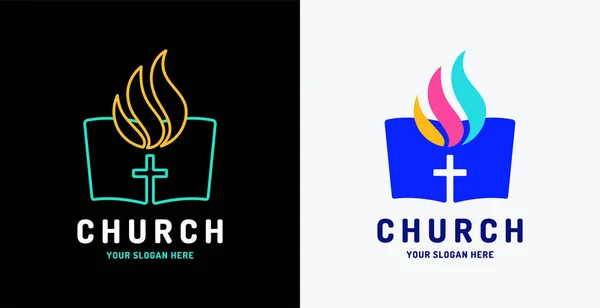 Kirche Vektor-Logo. die offene Bibel und die Feuerflamme des Heiligen Geistes — Stockvektor