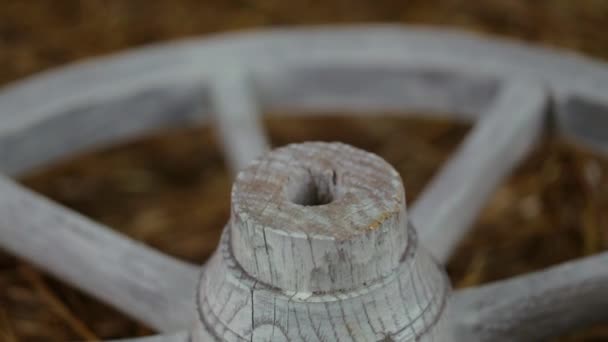 Старе біле дерев'яне колесо лежить на сіні і крутиться . — стокове відео