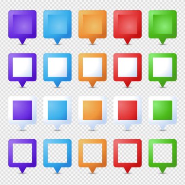 Kare lokasyon iğneleri kuruldu. İşaret 3D. Harita işaretleyici pin vektörü seti 