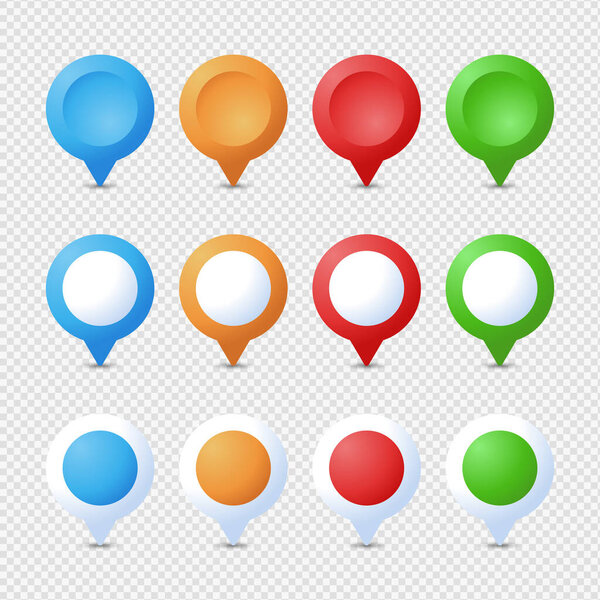 Location pins set. Marker 3D. Map pointer pin vector set isolate