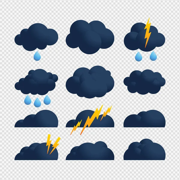 Gewitterwolken-Blitz-Icon gesetzt. flacher Satz von Gewitterwolken-Bolzenvektor i — Stockvektor