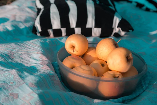 Assiette avec pommes jaunes gros plan sur un couvre-lit bleu sur un ensoleillé — Photo