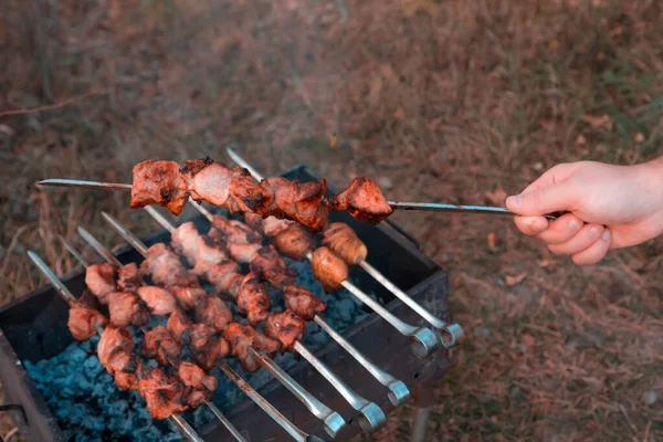 Man frying shish kebab on the grill. Hands closeup outdoors. — Stock Photo, Image