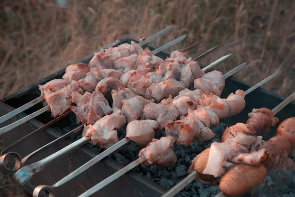 Shish kebab fried on grill. Pork shish kebab fried on skewer gri — Stock Photo, Image