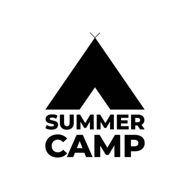 Orman kamp logosu vektör çizimi. Açık hava macera eğlencesi, kamp çadırı silueti tişörtü, parmak izi damgası. Klasik tipografi rozet tasarımı.