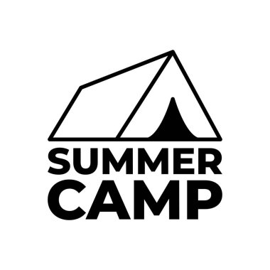 Orman kamp logosu vektör çizimi. Açık hava macera eğlencesi, kamp çadırı silueti tişörtü, parmak izi damgası. Klasik tipografi rozet tasarımı.