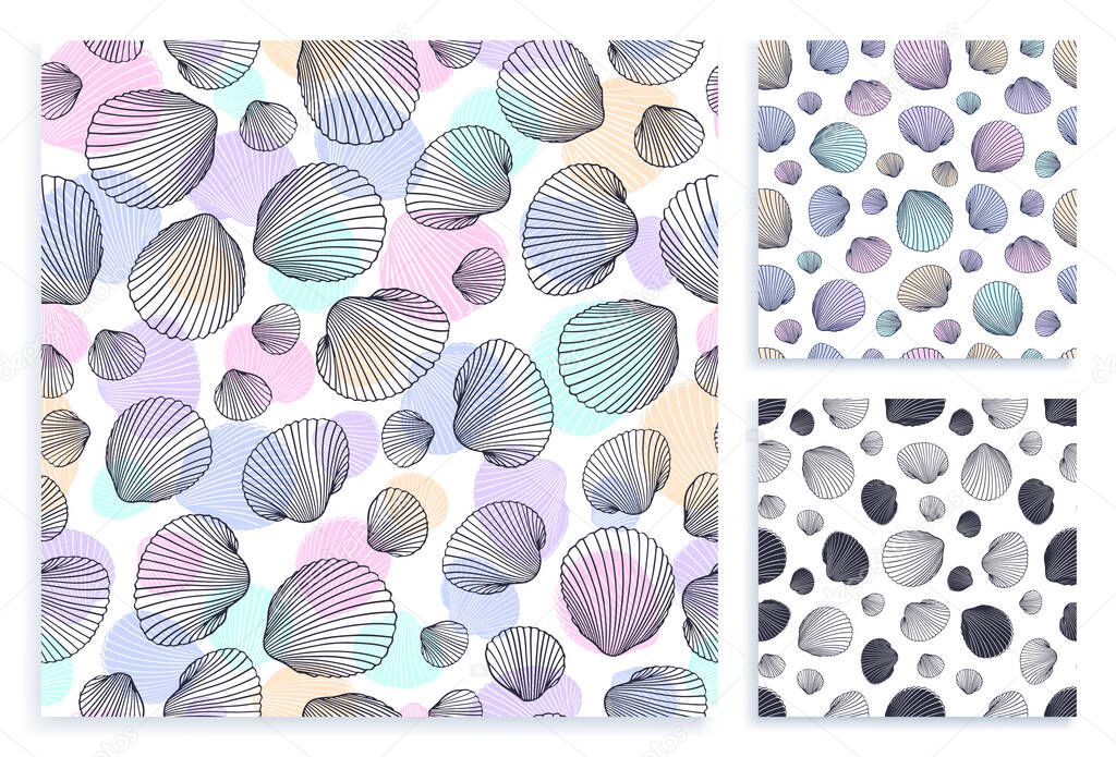 Seamless set pattern. Vector Illustration of hand drawn seashells in doodle style. Beach design.