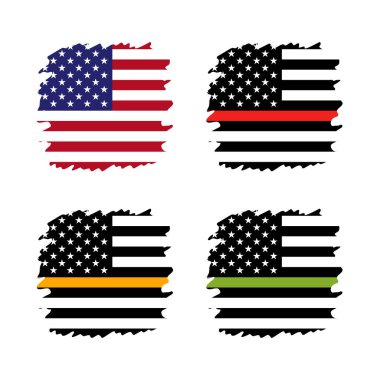 Vektör Amerikan İnce Hat Bayrak Seti - altın, mavi, kırmızı, yeşil. Amerikan Sevk Memurları, Güvenlik Görevlileri, Kayıp Önleme ve Polis Teşkilatını onurlandırmak ve saygı göstermek için bir işaret..