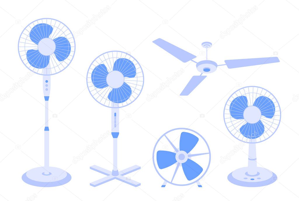 Vector set of electric fans of various types isolated on white background. Bundle or collection of household devices for air cooling and conditioning, climate control. Vector illustration in flat cartoon style.