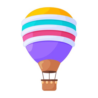 Sıcak hava balonları karikatür düz vektör çizimi. Beyaz arka planda izole edilmiş uçuşlar için renkli vintage hava araçları. Süslü gökyüzü balonları, sepetli hava gemileri, tasarım elementleri.