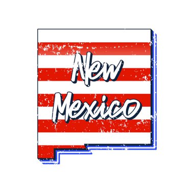 New Mexico eyalet haritasında Amerikan bayrağı. Beyaz arka planda izole edilmiş eski grunge klasik Amerikan bayrağını şekillendiren haritada New Mexico harfleri çizilmiş Typography el ile vektör grunge tarzı