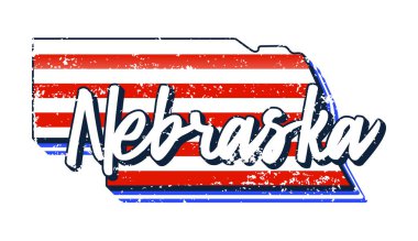 Nebraska eyalet haritasında Amerikan bayrağı. Haritada Nebraska harflerini çizen Typography el ile vektör grunge biçimi beyaz arkaplanda izole edilmiş eski grunge klasik Amerikan bayrağı biçimindedir