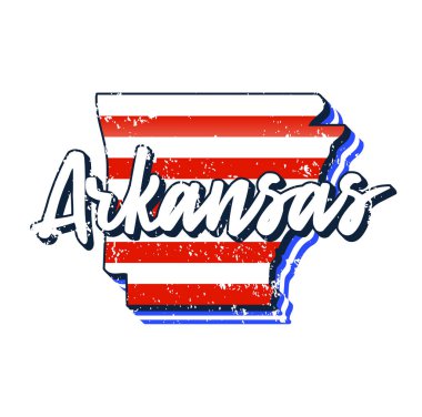 Arkansas eyalet haritasında Amerikan bayrağı. Beyaz arkaplanda izole edilmiş eski grunge klasik Amerikan bayrağı biçiminde Arkansas harflerini haritaya çizen Typography el ile vektör grunge biçimi
