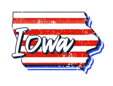 Iowa eyalet haritasında Amerikan bayrağı. Haritaya Iowa harfleri çizilmiş Typography el ile vektör grunge biçimi beyaz arka planda izole edilmiş eski grunge vintage Amerikan ulusal bayrağı