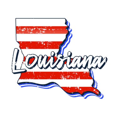 Louisiana eyalet haritasında Amerikan bayrağı. Haritada louisiana harflerini çizen tipografi eliyle vektör grunge stili beyaz arka planda izole edilmiş eski grunge klasik Amerikan bayrağı biçiminde