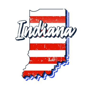 Indiana eyalet haritasında Amerikan bayrağı. Haritada İndiana harflerini çizen Typography el ile vektör grunge biçimi beyaz arka planda izole edilmiş eski grunge vintage Amerikan bayrağı biçimindedir