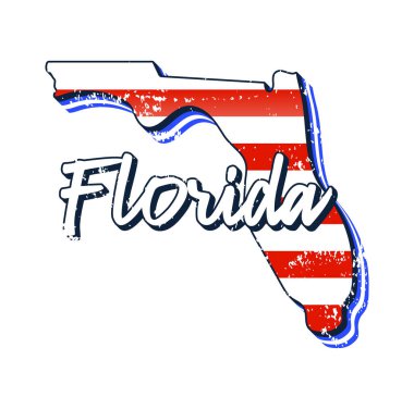 Florida eyalet haritasında Amerikan bayrağı. Beyaz arka planda izole edilmiş eski grunge klasik Amerikan bayrağı biçimindeki Florida harflerini haritaya çizen Typography el ile vektör grunge biçimi