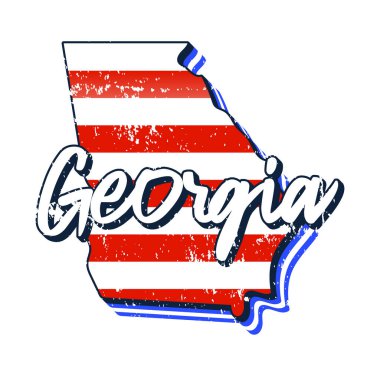 Georgia eyalet haritasında Amerikan bayrağı. Haritada Gürcistan harflerini çizen tipografi eliyle vektör grunge tarzı beyaz arka planda izole edilmiş eski grunge klasik Amerikan bayrağı biçiminde
