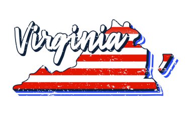 Virginia eyalet haritasında Amerikan bayrağı. Vector grunge biçimi ve tipografi el çizimi haritada Virginia 'yı şekillendiren eski grunge klasik Amerikan bayrağı beyaz arka planda izole edilmiş.