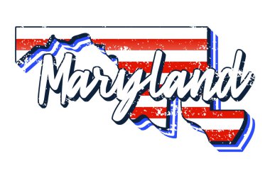 Maryland eyalet haritasında Amerikan bayrağı. Haritada Tipografi el çizimi ile vektör grunge biçimi Eski grunge biçimli Amerikan ulusal bayrağı beyaz arka planda izole edilmiş harf Maryland