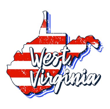 Batı Virginia eyalet haritasında Amerikan bayrağı. Beyaz arka planda izole edilmiş eski grunge klasik Amerikan bayrağı şeklindeki haritada Batı Virginia harfleri çizilmiş Typography el ile vektör grunge biçimi