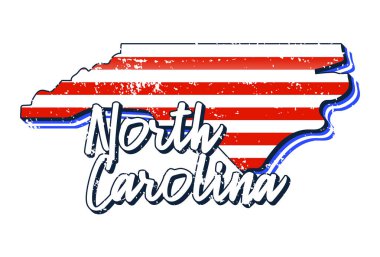 American flag in north carolina state map. Vector grunge style with Typography hand drawn lettering north carolina on map shaped old grunge vintage American national flag isolated on white background clipart