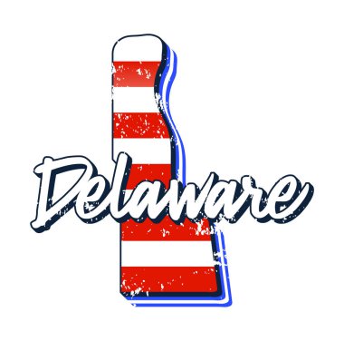 Delaware eyalet haritasında Amerikan bayrağı. Haritaya delaware harfleri çizilmiş Typography el ile vektör grunge biçimi beyaz arka planda izole edilmiş eski grunge vintage Amerikan ulusal bayrağı