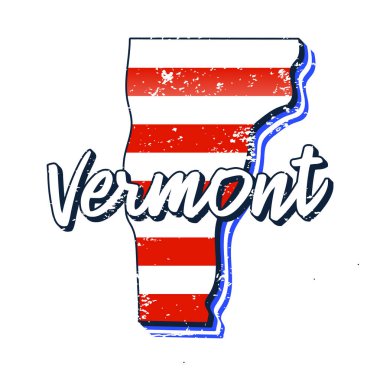 Vermont eyalet haritasında Amerikan bayrağı. Haritaya harf harfi çizilmiş Typography el ile vektör grunge biçimi beyaz arka planda izole edilmiş eski grunge vintage Amerikan ulusal bayrağı biçiminde