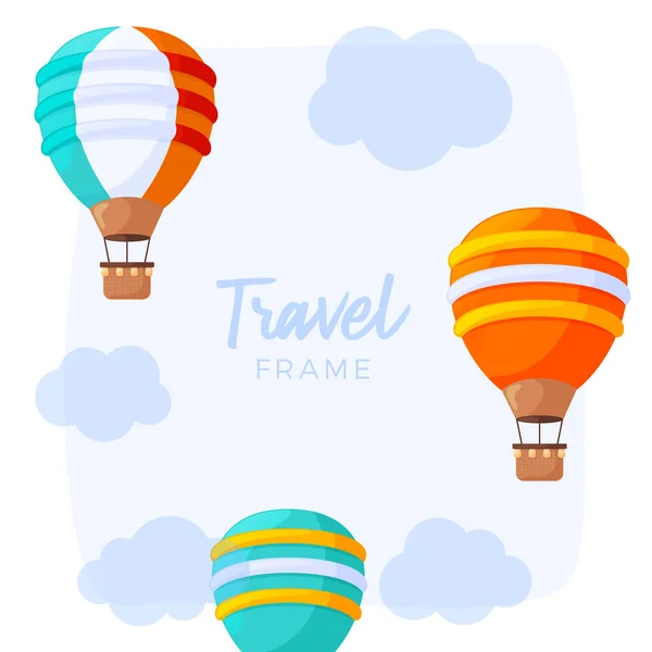 Gestreepte Heteluchtballon Reisframe Met Wolken Een Blauwe Lucht Achtergrond Vector — Stockvector