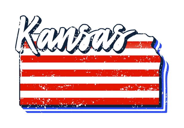 Amerikansk Flagga Kansas Delstatskarta Vektor Grunge Stil Med Typografi Handritade — Stock vektor