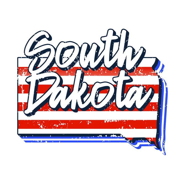 南达科他州地图上的美国国旗 图上印有南达科他州字母的字体字体的矢量发牢骚风格古色古香的美国国旗 白色背景隔离 — 图库矢量图片