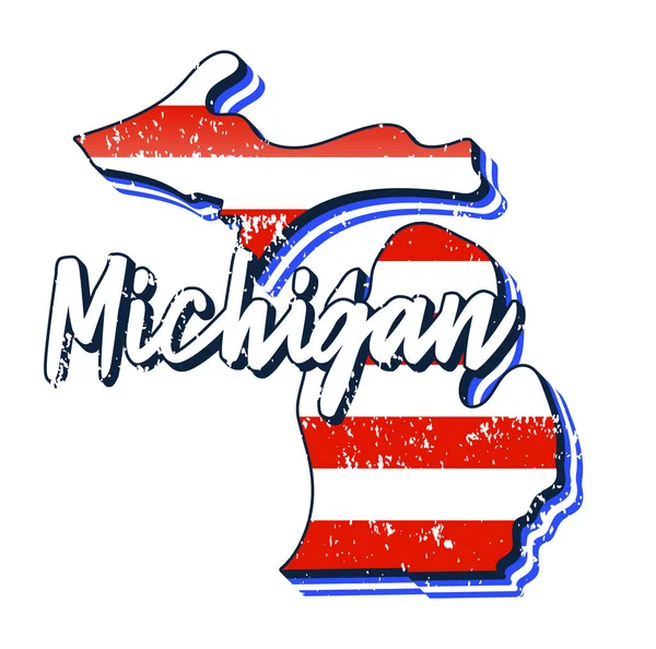 ミシガン州の地図上のアメリカ国旗 地図上に手書き文字ミシガン州で描かれたベクトルグランジスタイル古いグランジヴィンテージアメリカ国旗白を背景に隔離 — ストックベクタ