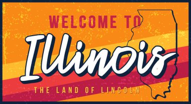 Illinois klasik paslı metal işaret çizimine hoş geldiniz. Tipografi el yazısı harfleriyle grunge tarzı vektör durum haritası. Vektör illüstrasyonu