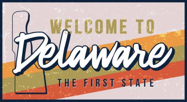 Delaware klasik paslı metal işaret çizimine hoş geldiniz. Tipografi el yazısı harfleri çizilmiş grunge biçimli vektör durumu haritası