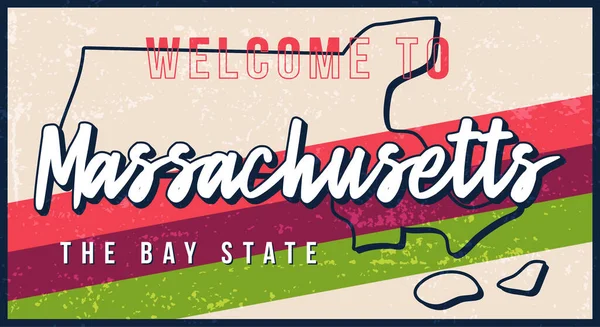 Bienvenue Massachusetts Vintage Métal Rouillé Signe Vectoriel Illustration Carte État — Image vectorielle