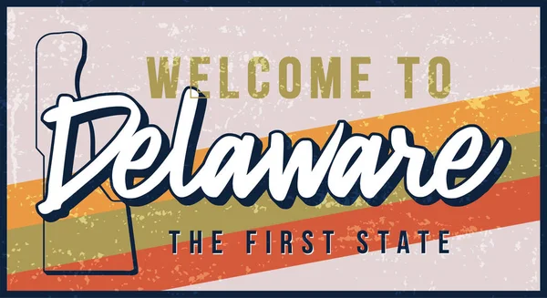 Bienvenue Delaware Vintage Métal Rouillé Signe Vectoriel Illustration Carte État — Image vectorielle