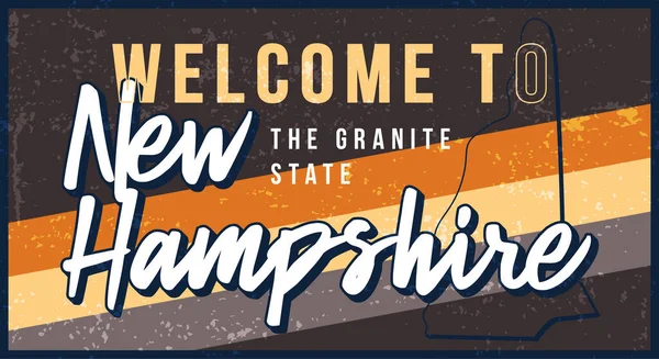 Hampshire 'ın eski paslı metal tabela illüstrasyonuna hoş geldiniz. Tipografi el yazısı harfleri çizilmiş grunge biçimli vektör durumu haritası