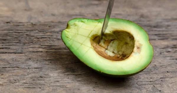 Fresh Avocado Cut Half Wooden Board Knife Background — Stock Photo, Image