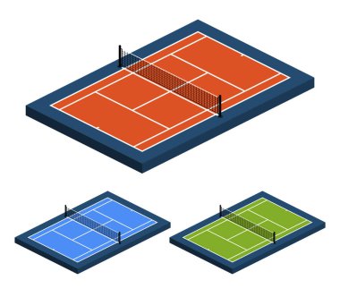 Tenis kortunun kenar üst görünümünden farklı bir yüzeye sahip Isometric perspektif vektör illüstrasyon seti.
