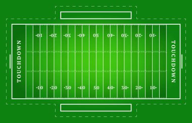 Düz yeşil Amerikan futbol sahası. Çizgi şablonlu rugby alanının üst görünümü. Vektör stadyumu.