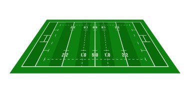 Perspektif yeşil ragbi sahası. Yukarıdan bak. Çizgi şablonlu ragbi sahası. Vektör illüstrasyon stadyumu.