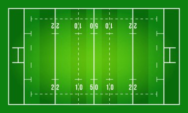 Düz yeşil rugby sahası. Çizgi şablonlu rugby alanının üst görünümü. Vektör stadyumu.