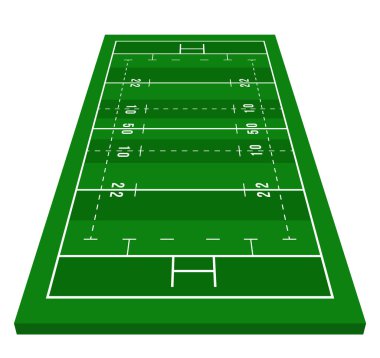 Perspektif yeşil ragbi sahası. Önden bak. Çizgi şablonlu ragbi sahası. Vektör illüstrasyon stadyumu.