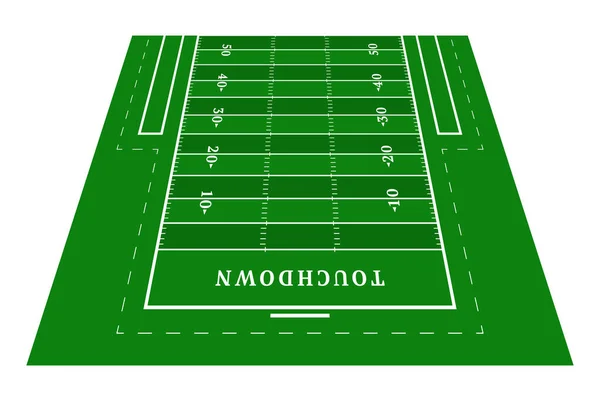 展望绿色美式足球的半场 从前面看带有行模板的橄榄球字段 病媒示范体育场 — 图库矢量图片