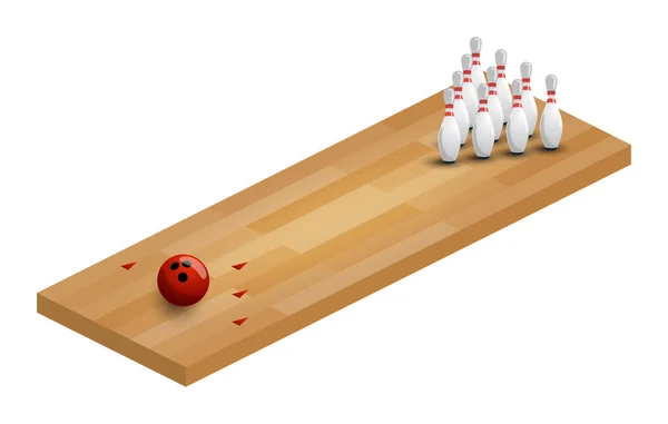 Vektorillustration Einer Isometrischen Bowlingbahn Kegelbahn Isometrisch Mit Ball Und Pins — Stockvektor