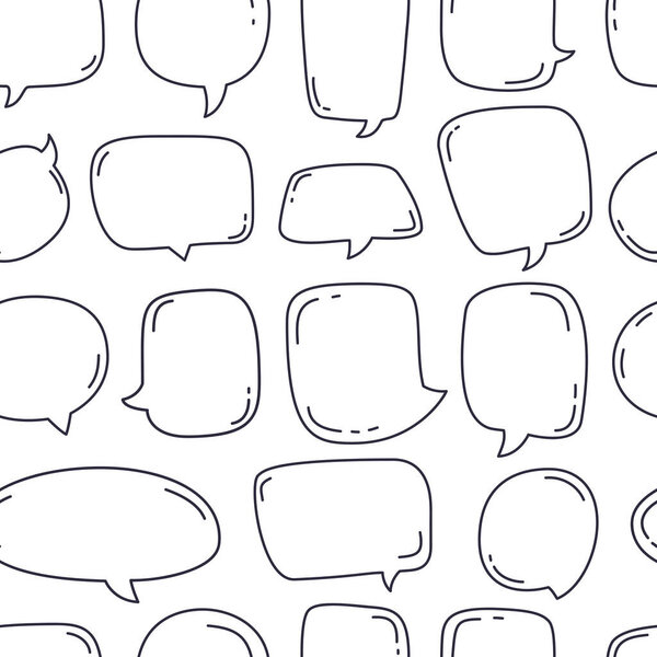 Ручной рисунок речевых пузырей бесшовная иллюстрация вектора шаблона на белом фоне. Обсуждение каракулей или шаблон чата