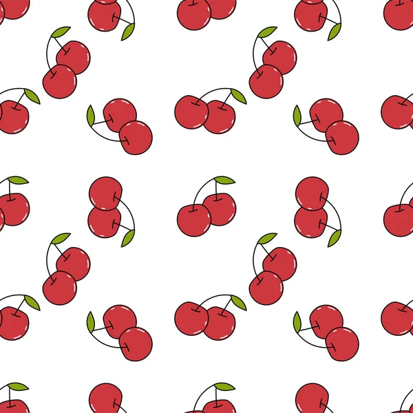 Fresh Cherry Hand Drawn Background Doodle Wallpaper Vector Colorful Seamless — Stock Vector